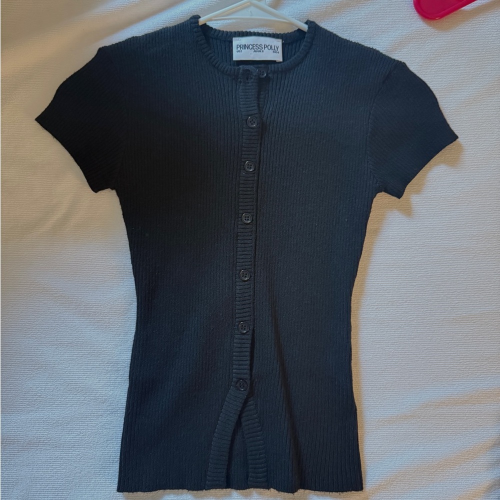 Princess Polly Black Ribbed Sweater Button-Front Short Sleeve Top